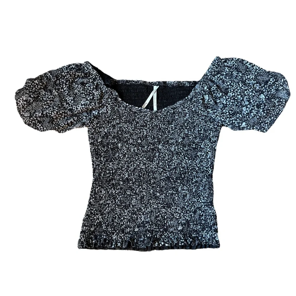 Anthropologie smocked top balloon sleeve scoop neck black print Aurelia XS